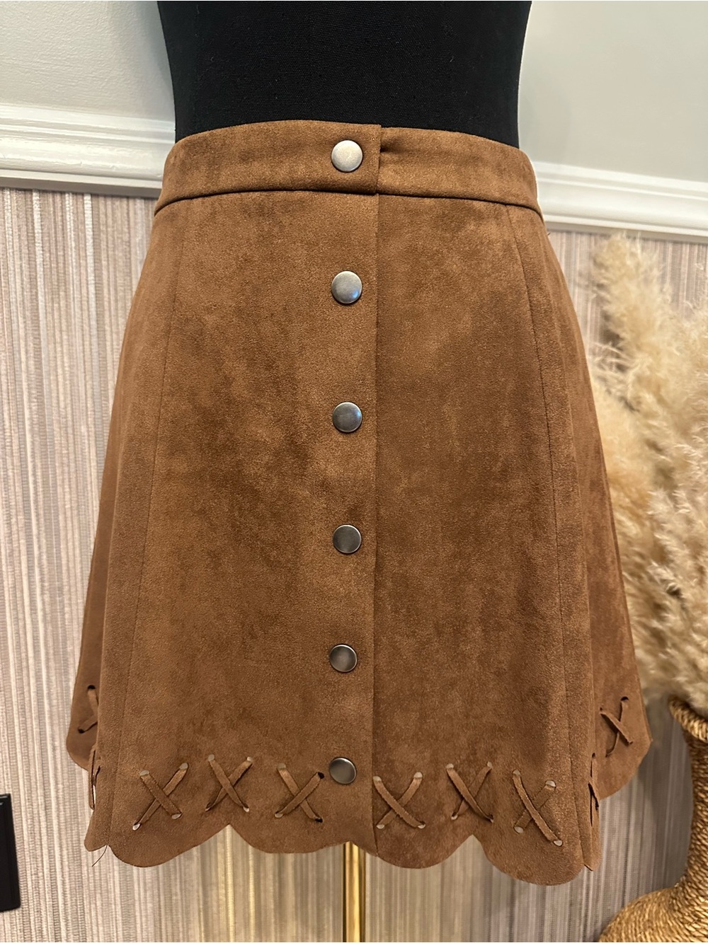 Skies Are Blue Brown Faux Suede Button Front Mini Skirt Small Western Boho